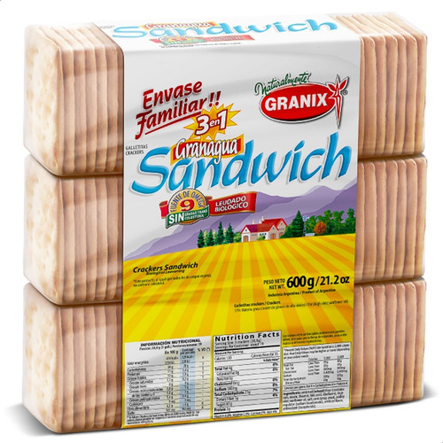 Imagen 2 de 6 de Galletitas Agua Granix Sandwich Crackers Granagua 3en1 600g