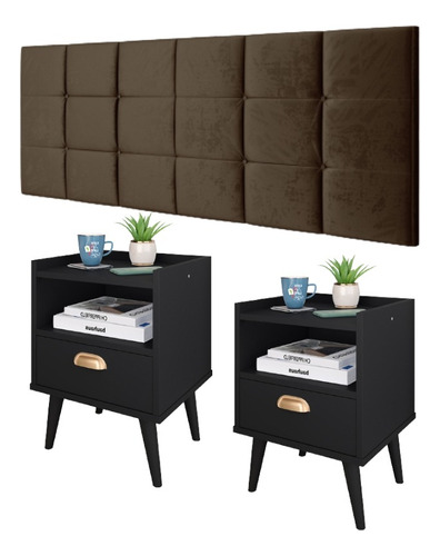 Kit Quarto Casal 2 Mesinhas Cabeceira King Size Rápido Cor Preto | Marrom Suede