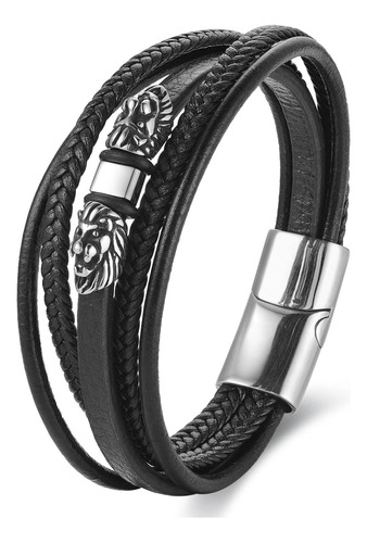 Biyongde Brazalete De Cuero Negro De Múltiples Hebras Con Ca