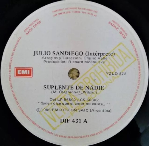 Julio Sandiego / Suplente De Nadie - Simple Vinilo Promo
