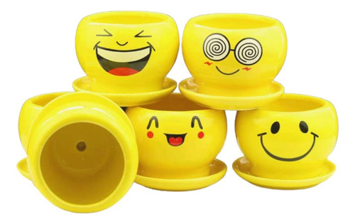 Macetero De Cerámica Diseño De Caritas Con Plato Pack De 6 Color Variado Emogie