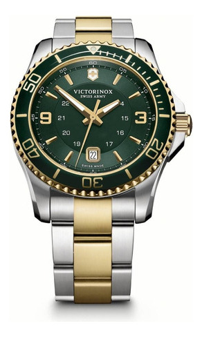 Reloj Victorinox Maverick Large Swiss Army241605 Para Hombre, Color De Correa Plateado Con Detalles Dorados, Color Del Bisel, Verde Oscuro, Color De Fondo Verde Con Detalles Dorados