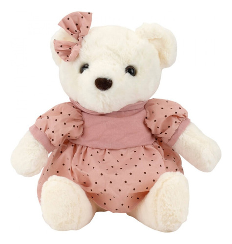 Urso Branco Sentado Vestido Rosa Poá Pelúcia 40 Cm