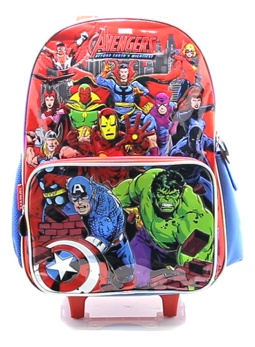 Mochila Escolar Avengers Marvel Personajes Comic Con Carro Color Rojo Diseño de la tela Liso