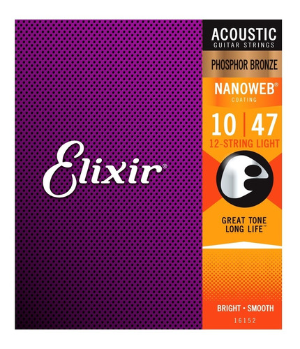 Encordoamento Elixir Violão 010 12 Cordas Phosphor Br. 16152