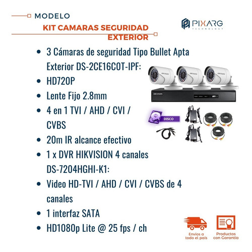 Kit 3 Camaras Seguridad Exterior 720p +dvr+disco - Hikvision
