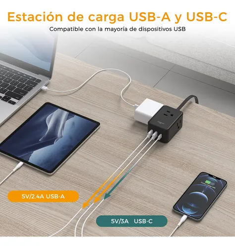 Multiple Enchufe Plano Con 1.5m 3 Salidas Ca Y 2 Puertos Usb