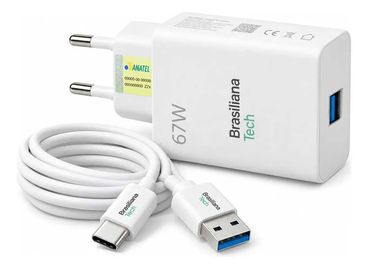 Carregador Turbo 67W Tipo C com Cabo 1m Fonte de Parede Carregamento Rápido Adaptador Tomada Compatível com Xiaomi Redmi Note 7 8 9 10 11 12 Pro Poco X3 Pro M3 Mi 8 9 10 A2 A3 Brasiliana Tech