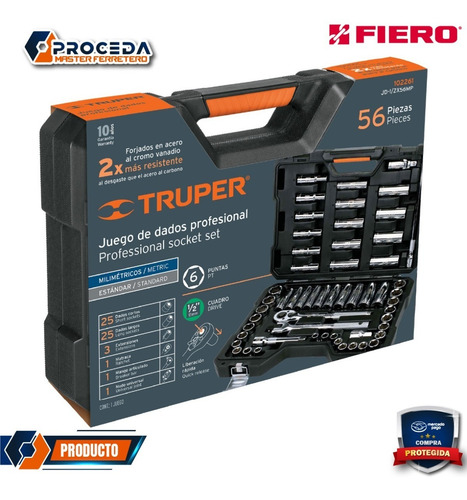 Juego De 56 Herramientas Cuadro 1/2 Std Y Mm, Truper 102261