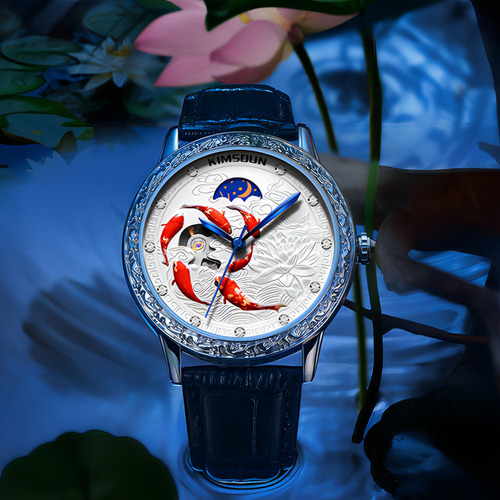 Reloj De Cuero Mecánico Kimsdun Man Moon Phase Color Del Fondo Brown/white