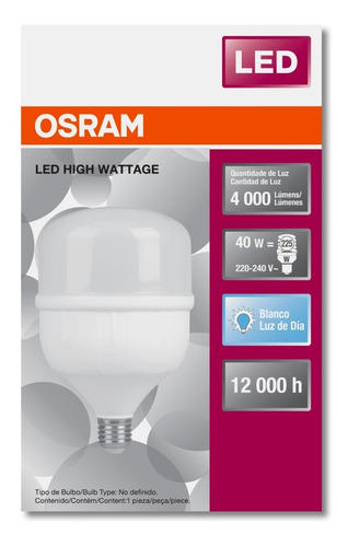 Imagen 2 de 4 de Lampara Led Oram Alta Potencia 40w E27 Luz Dia/fria