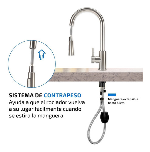 Imagen 6 de 10 de Griferia Para Cocina Monocomando Canilla Extensible De Acero