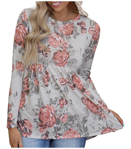 Tops Tunica Estampado Floral Blusa Cuello Redondo Algodon