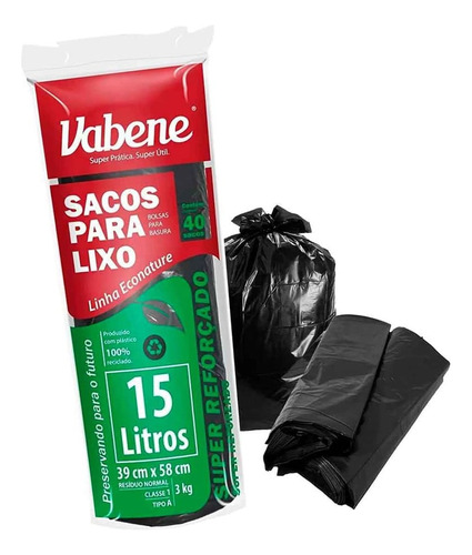 Saco De Lixo 15 Litros Preto Vabene 40 Unidades Extra Forte