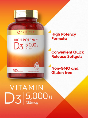 Carlyle Vitamina D3 5000 Ui Suplemento No Gmo 500 Cápsulas