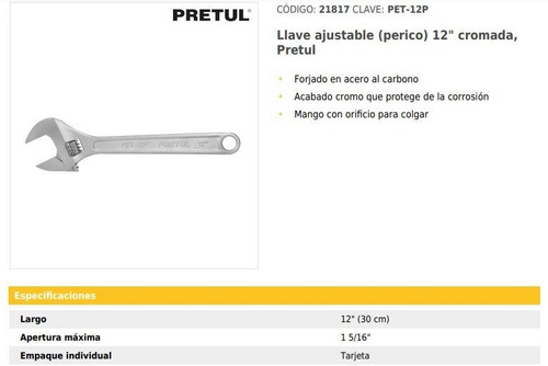 Perico Profesional O Llave Ajustable 12 Pretul 21817