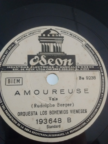 Orquesta Los Bohemios Vieneses Disco Pasta Odeon 193648 C23
