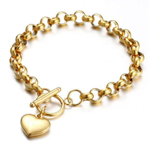 Pulsera Corazón Cadena Bañado Oro Mujer Joyero