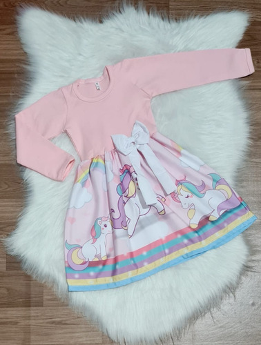 Imagem 2 de 4 de Vestido Infantil Unicornio Manga Longa Inverno Fab2