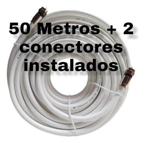 50 Metros De Cable Coaxial Rg6 Blanco Con Conectores 