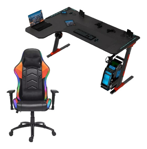 Set Gamer Silla + Escritorio Led Rgb Porta Vasos Reclinable Color Negro/naranja Material Del Tapizado Cuero Sintético