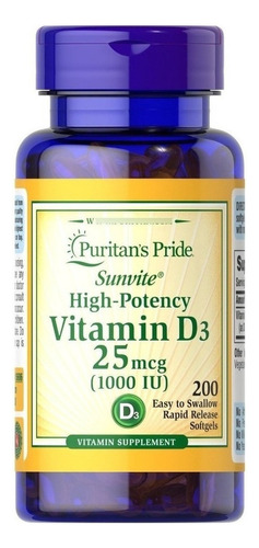 Vitamina D3 1000ui, 200 Caps, Puritans Pride