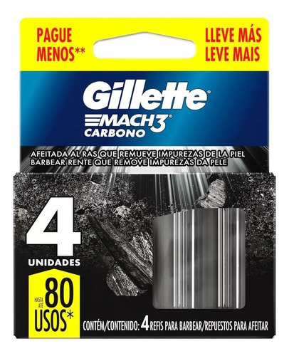 Gillette Mach3 Carbono Repuestos De Afeitar X 4 Unidades