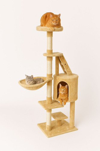 Torre Árbol Rascador Modelo Bambino Hamaca Niveles Escalera Color Beige