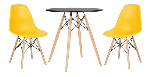 Kit - Mesa Eames 70 Cm + 2 Cadeiras Eames Dsw Cor Mesa Preto Com Cadeiras Amarelo