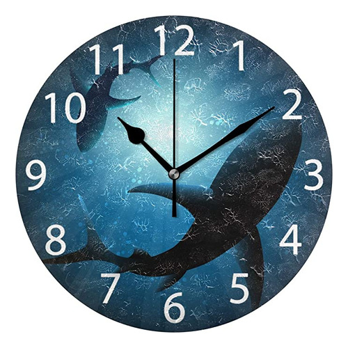 Senya Sharks - Reloj De Pared Redondo Con Diseño De Tiburo.