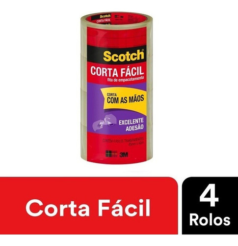 Fita De Empacotamento Scotch Corta Facil 45mm X 40m 4 Rolos