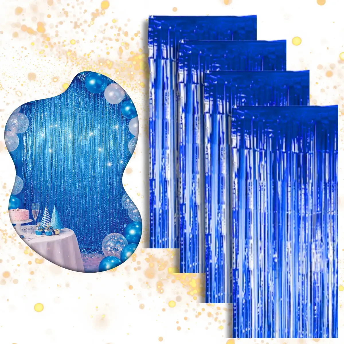 Kit 4 Cortina Metalizada Festa Fita Decoração Painel Franja Azul Royal