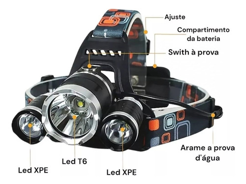 Lanterna Cabeça Recarregável Profissional C/ 3 Leds Forte