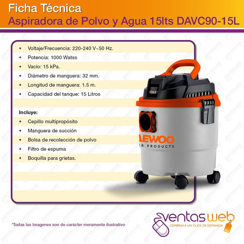 Imagen 3 de 4 de Aspiradora Hogar Daewoo Polvo Agua Tacho 15 Lts Incluye Acc