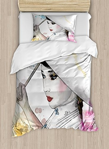 Ambesonne Asian Duvet Cover Set, Eastern Woman Girl With Ori