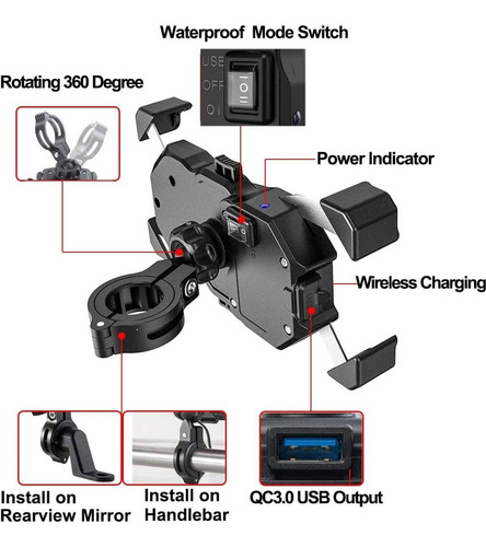 Suporte Celular Com Carregador Por Indução E Usb Para Moto