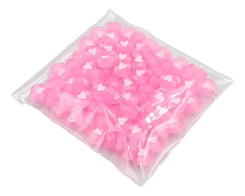 100u Cuentas Plásticas Pasante Rosa Con Corazón Blanco 