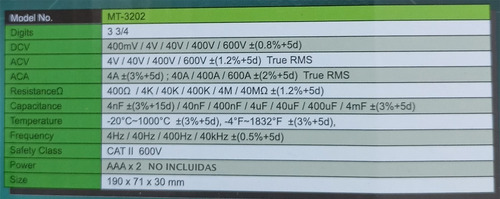 Imagen 2 de 3 de Pinza Amperometrica Proskit Mt-3202 True Rms Temp Capacidad