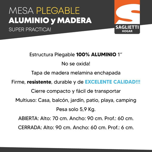 Imagen 3 de 9 de Mesa Plegable Aluminio Madera Melamina 90x60 Camping Balcón