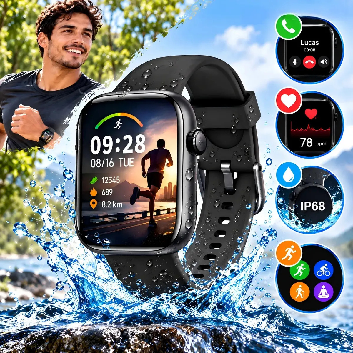 smartwatch feminino com Chamada Bluetooth IP68 Monitoramento de Frequência Cardíaca relogio para corrida ela HD de 1,85 polegadas e Vários Modos de Esporte Digital Feminino Masculino Esportivo Preta
