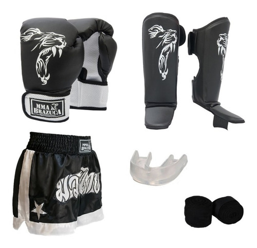 Kit Muaythai: Luva + Canele. + Short + Band. + Bucal - Preto