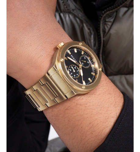 Reloj Guess Jet Acero Inoxidable Hombre Correa Dorado Bisel Dorado Fondo Negro