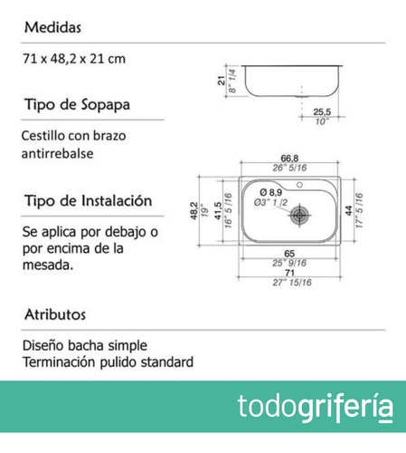 Pileta Bacha Cocina Johnson Si71 71x48x21 Cm