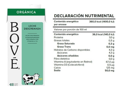 Imagen 2 de 5 de Leche Descremada Orgánica Bové 1 Lt