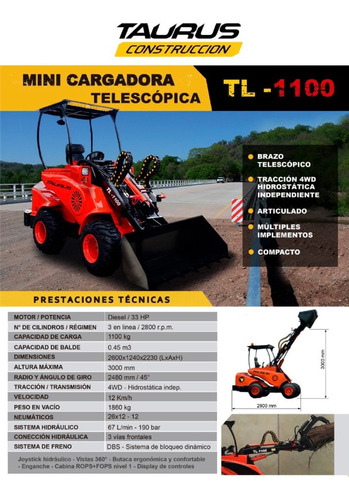 Mini Pala Cargadora Manipulador Tl-1100 Taurus Agricola