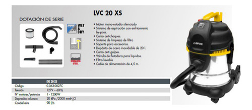 Aspiradora Sólidos Y Líquidos Doméstico Lavor Lvc 20 Xs, 20l Color Plateado/Negro/Amarillo