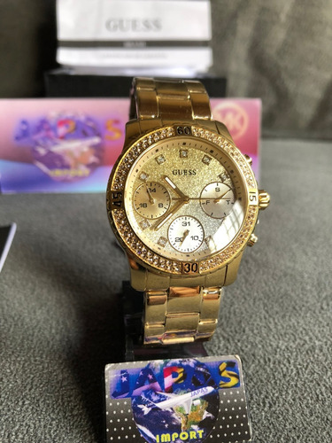 Relogio Guess W0774l5 Dourado Strass Original Completo Caixa