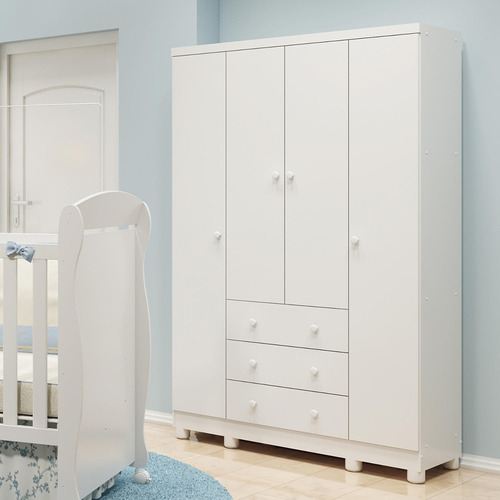 Guarda Roupa Infantil Branco Mdf 4 Portas 3 Gavetas De Bebê