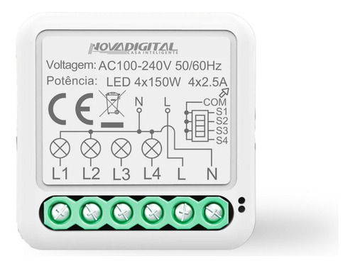 Modulo Interruptor Mini Wifi 4 Canais - Alexa E Google Home Cor Branco