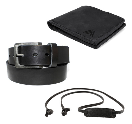 Pack Cinturon Cuero Y Billetera Hombre + Strap Lentes Negro